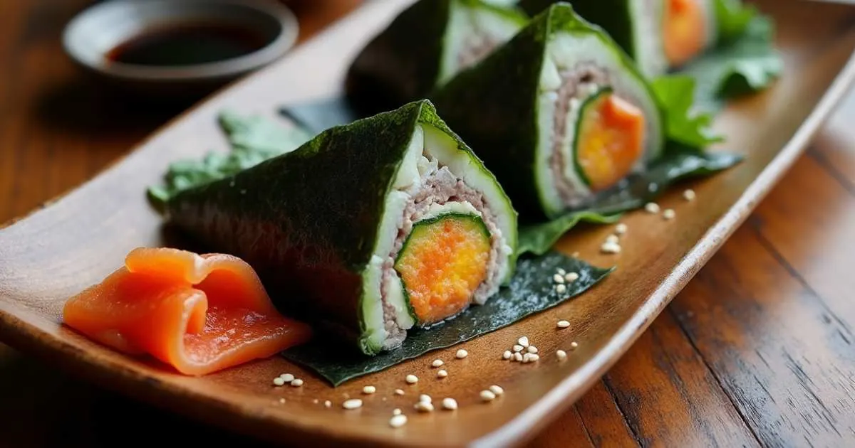 Close-up of freshly made Triangle Kimbap with vibrant fillings on a rustic wooden plate, garnished with sesame seeds and served with kimchi and soy sauce.
