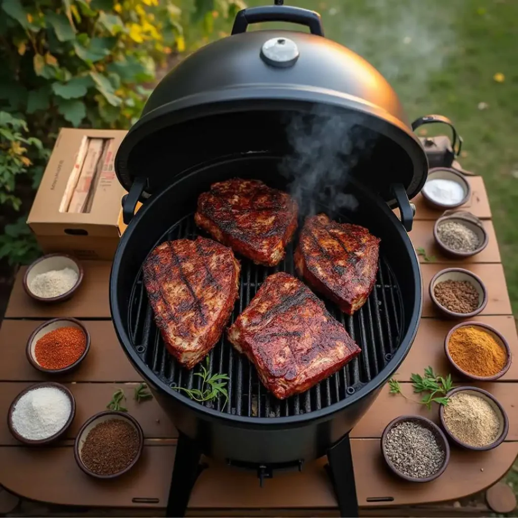 Pellet grill with a variety of meats, marinades, rubs, and wood pellets, all essential for perfect pellet grill recipes